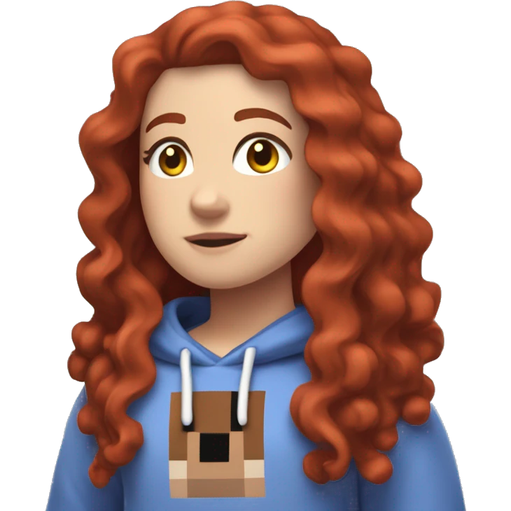 a white girl with long red curly hair, wearing periwinkle Minecraft hoodie playing a videogame emoji