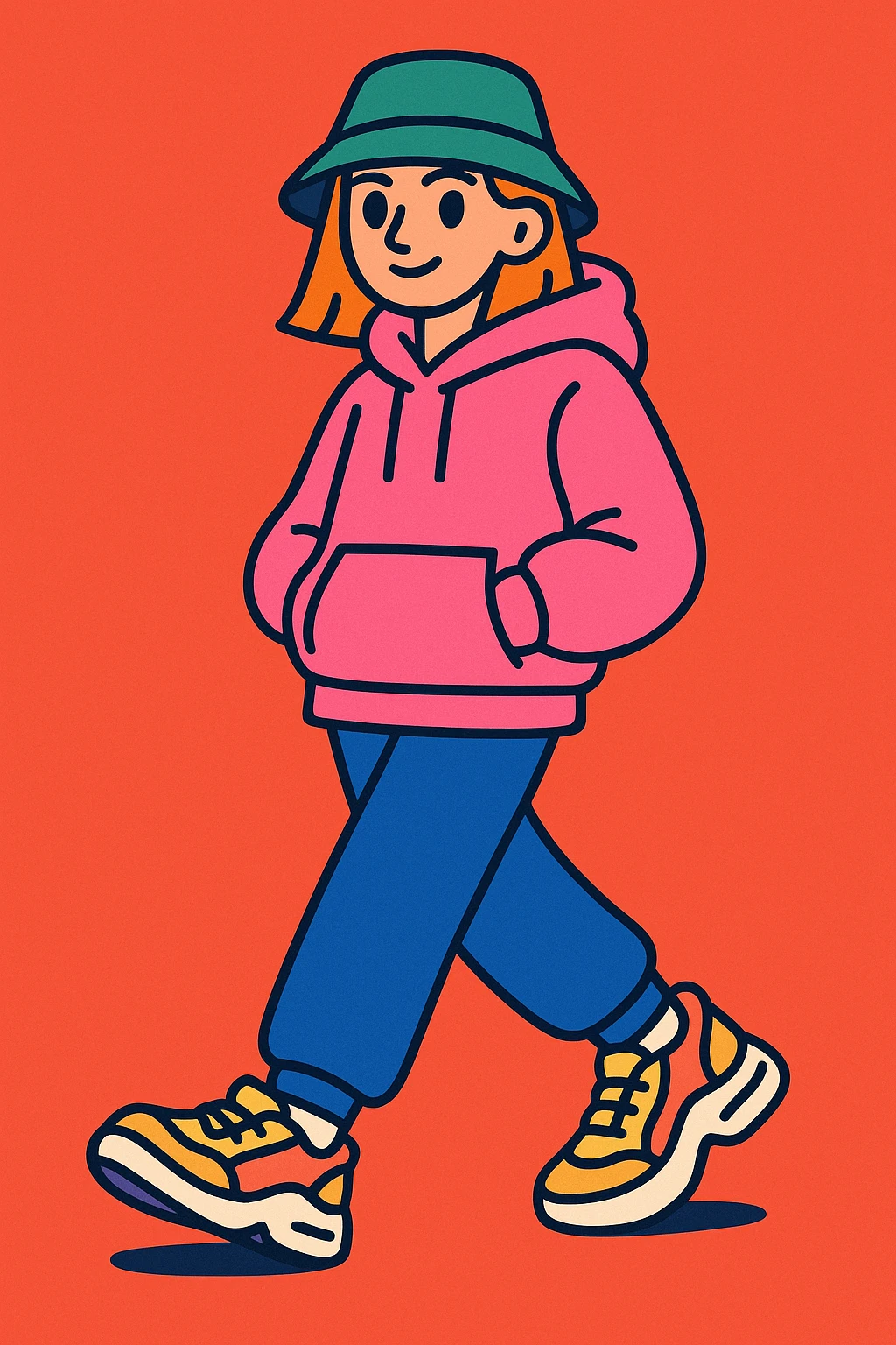 dressed up woman in a cool Gen Z look, oversized hoodie, chunky sneakers, bucket hat, playful vibe emoji