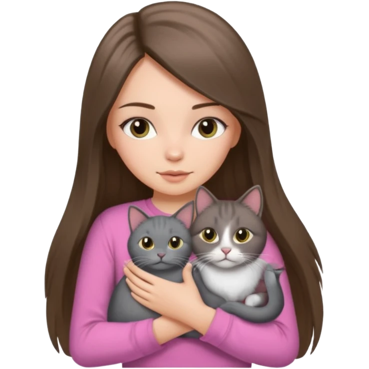 a white girl with brunette long straight hair holding a grey cat. the girl has long lashes and has on a pink shirt and gold jewelry. emoji