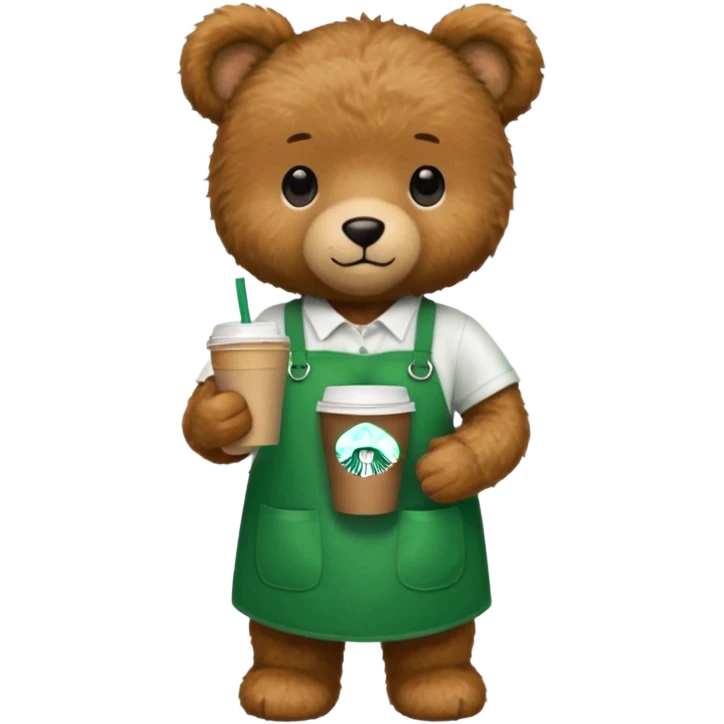 teddy bear wearing green apron with one cup of starbucks coffee emoji
