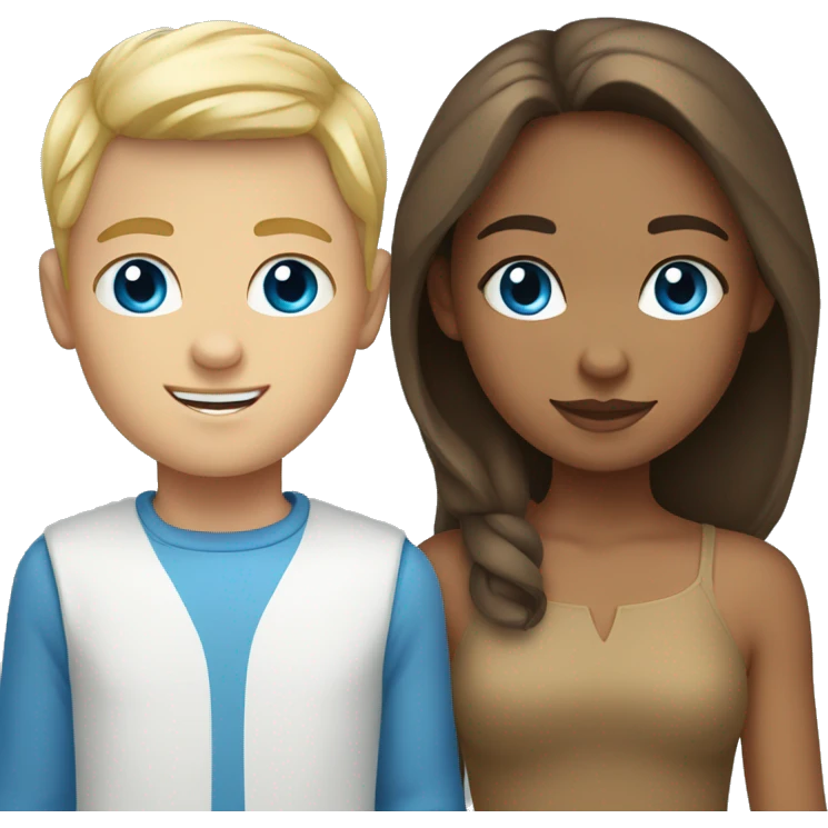 A tan girl with brown hair and blue eyes and a white boy with blonde hair and blue eyes emoji