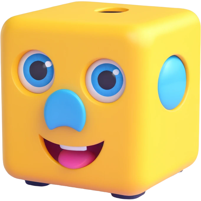 Geometry Dash inspired emoji, yellow cube with blue eyes and mouth, 3D style emoji