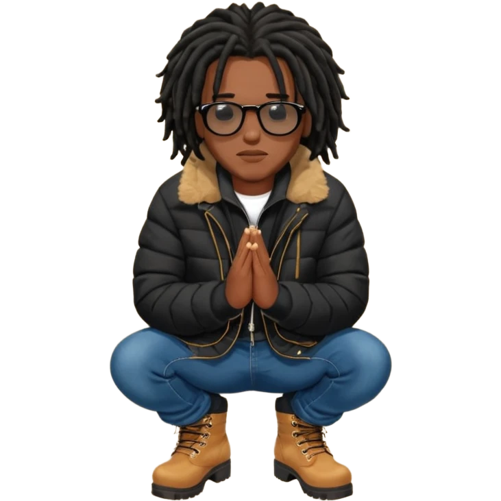 African American man brown skin complexion with black dreadlocks shoulder length wearing black bubble winter coat wearing black sunglasses with denim skinny jeans and timberland boots kneeling on one knee in prayer emoji
