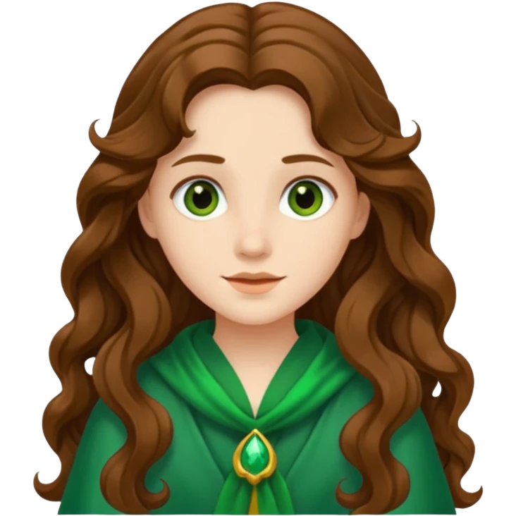 Juno from The Olympians with long brown wavy hair, green stola emoji