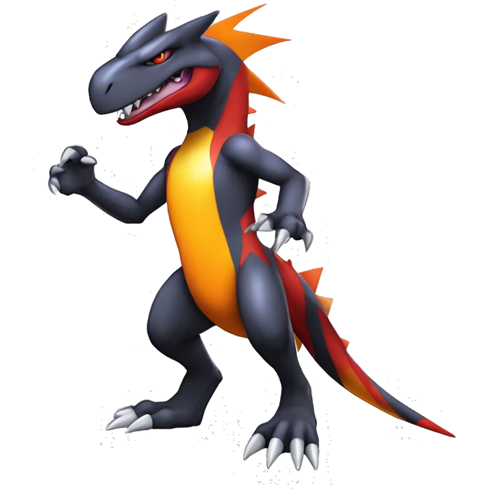Black, Red, Orange, Yellow, White, Modern, Cool, Edgy, Badass Punk-style Garchomp-Charmeleon-Sergal Fakémon-Digimon with sharp edgy striking detailed stripe-markings,  full body emoji