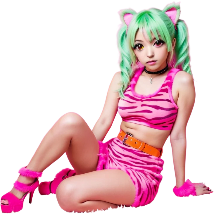 Heavily tan, Long waist length pastel green hair in messy and spikey pigtails with light pink streaks, Narrow dark brown eyes, Heavy and dramatic Gyaru makeup, Orange short and tight tiger print tank dress with a hot pink bra peeping out, Fuzzy faux fur leg warmers, Hot pink heels, Hot pink belt, Light pink and brown alba rose coat, Light pink scarf, Long and sharp pastel green nails with pink and blue charms on it, Angel bite piercings, Eyebrow piercing emoji