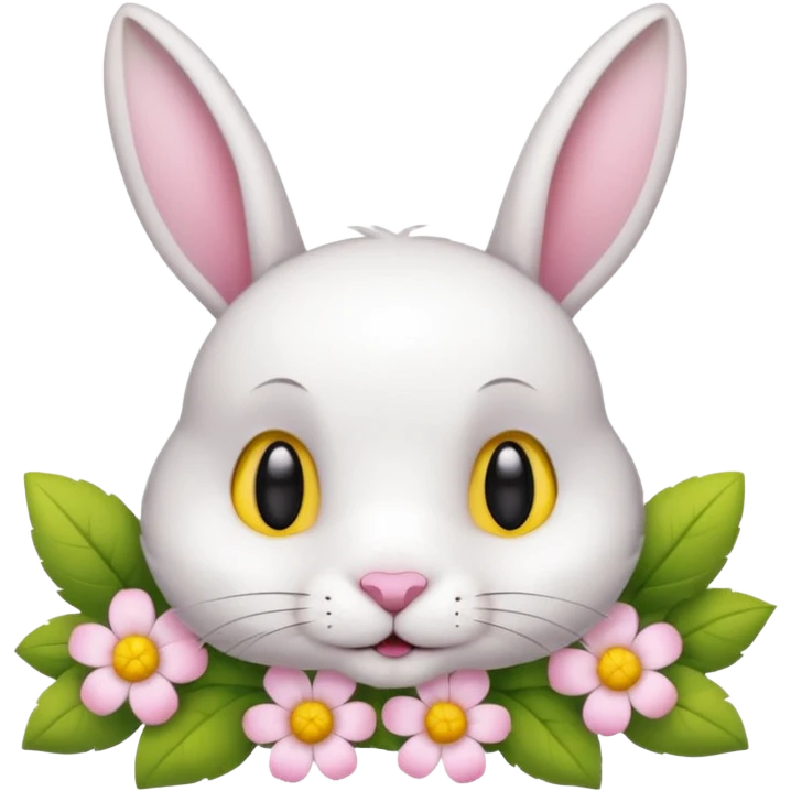 a cute white short haired rabbit head with a yellow flower on its ears emoji