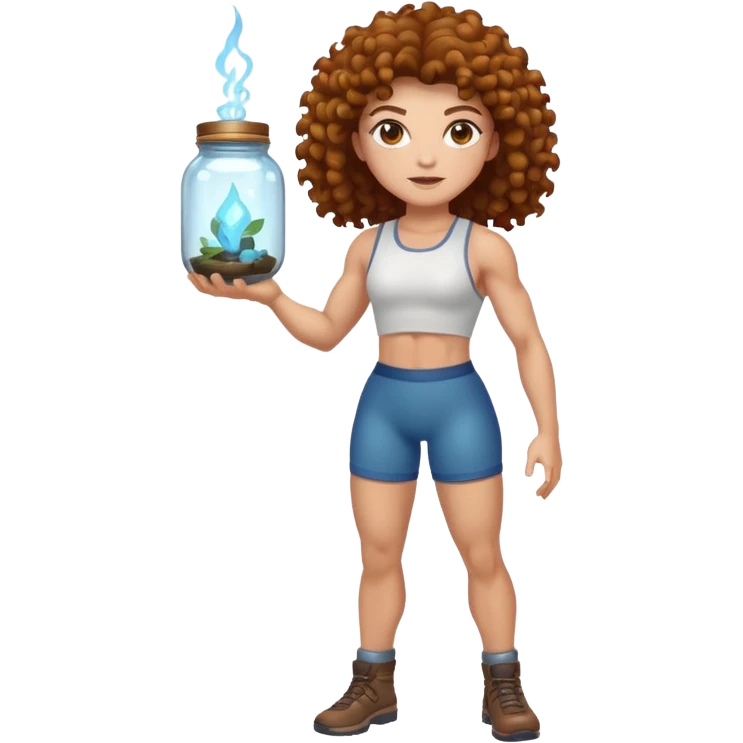 full body woman short curly brown mullet brown eyes white skin muscular build bug catcher spirit with glowing jar emoji