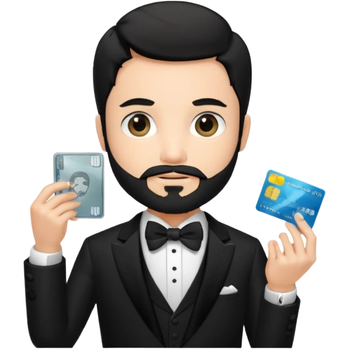 make a genmoji of a boy with a an amex card in hand and wearing a tux, black hair. bearded emoji