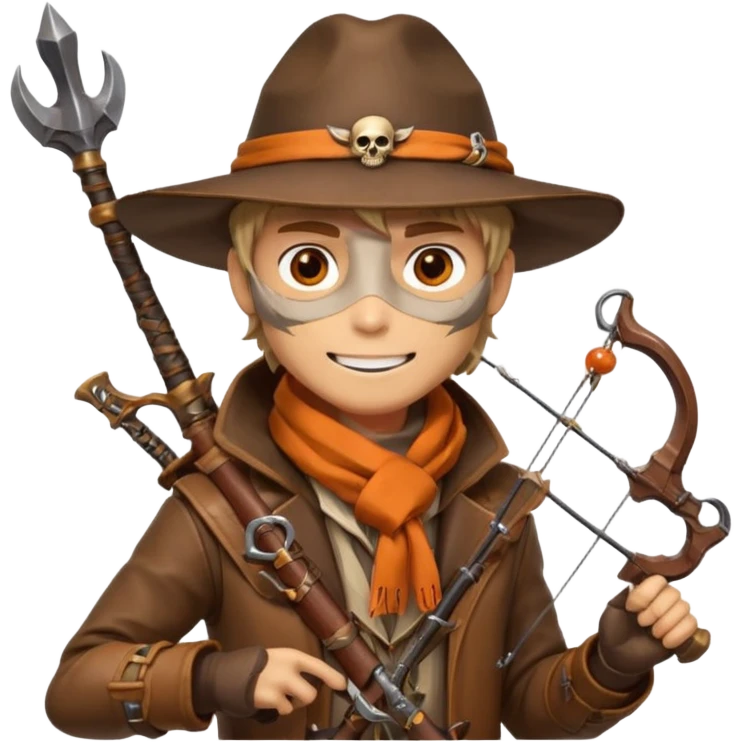 male human monster hunter emoji, wearing brown leather coat and wide hat, holding crossbow or rifle, with amulet shaped like skull, Halloween fantasy theme, confident smile, orange scarf, Apple emoji style, clean white background, square image emoji