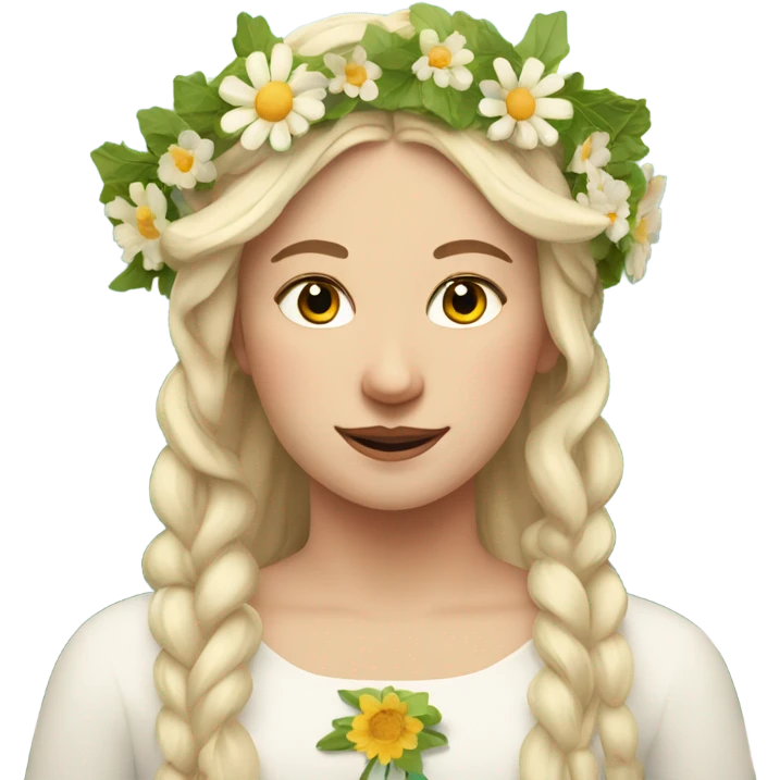 Midsommar look. White blonde woman who is a May Queen with flowers in her hair  emoji