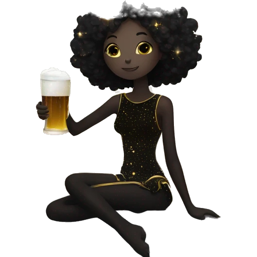 Ethereal galactic Girl wearing black and gold sat on a nebula galaxy drinking beer surrounded by golden stars and planets emoji