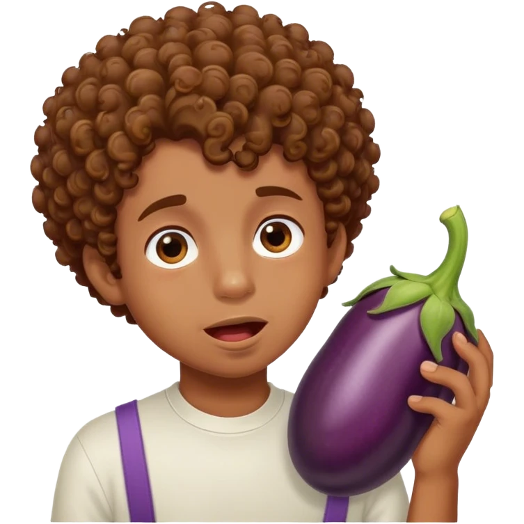 brown curly haired boy drooling for some eggplant emoji