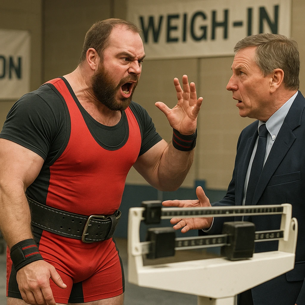 realistic powerlifter in competition clothing, arguing animatedly with official in front of scale, angry expression, tense atmosphere, detailed, weigh-in area background emoji