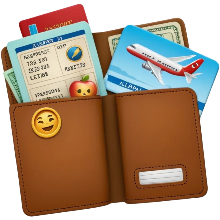 emoji of passport with sticking out airplane tickets, Apple emoji style, colors #173e12 and #c1a793, no text emoji