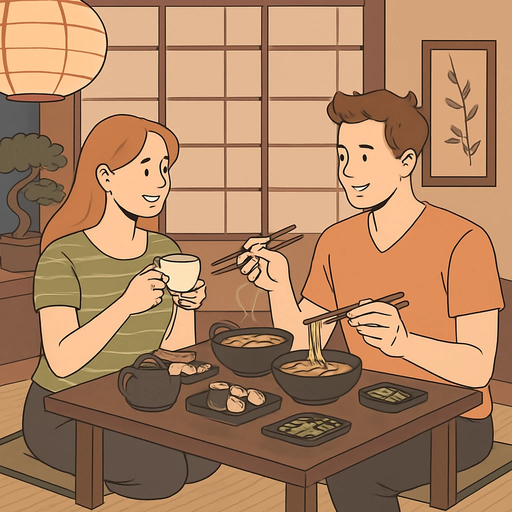 Young couple having a romantic dinner date in a modern Japanese cafe. The woman is holding a teacup while the man is using chopsticks. The cafe features shoji screens, tatami seating area, and traditional Japanese decorative elements. emoji