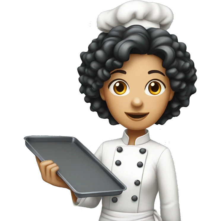 a white black curly hair female pastry chef, full body standing up holding a baking tray emoji