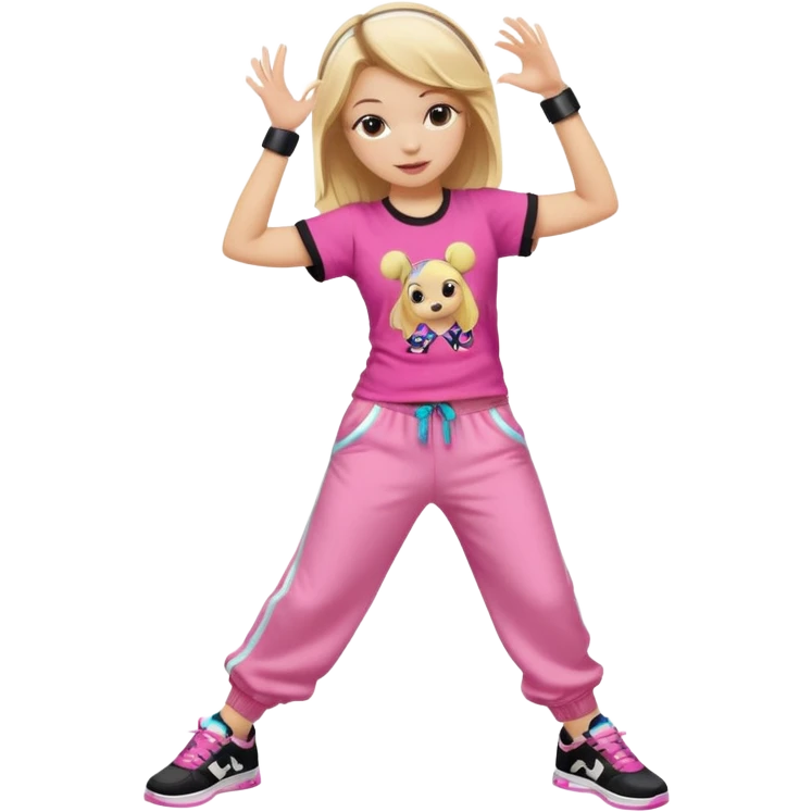 Hiphop dancer, with cute big pants, sneakers, and t-shirt. White girl blond. Coloufull shirt. No pocket pants. Dancing. No orange. Pink and black. No sweatband on the wrist, music box behind her emoji