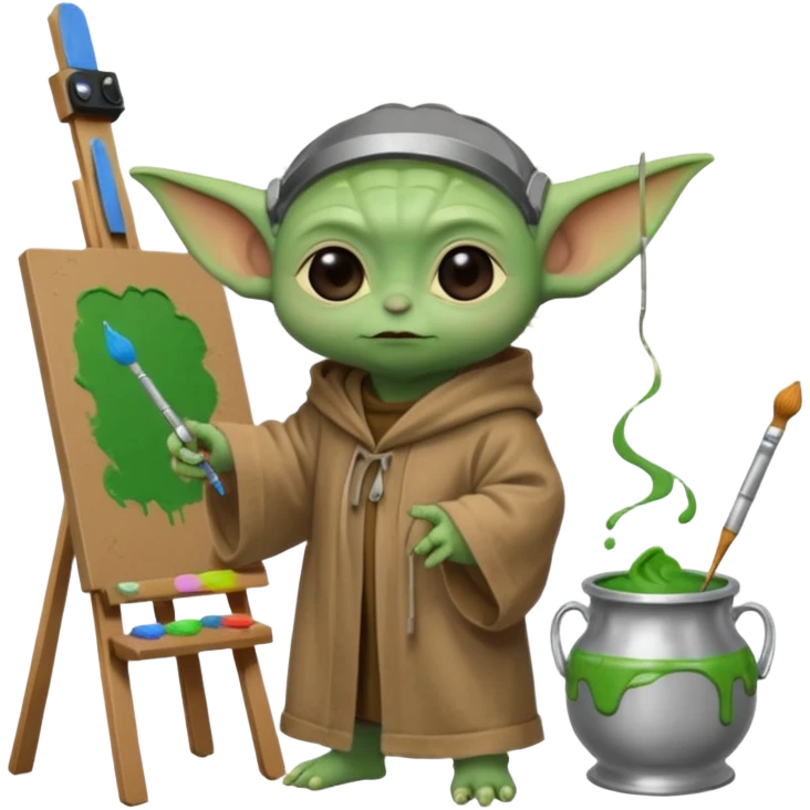 Baby Yoda in his brown robe listening music on his headphones, painting a picture on an easel and surrounded by paint pots. emoji