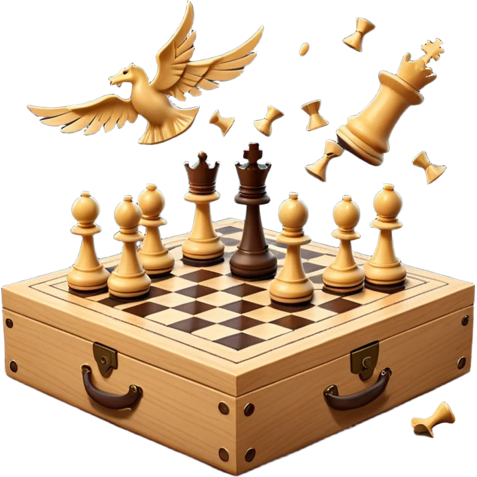 chessboard coming out of a box with chess pieces flying around scattered emoji
