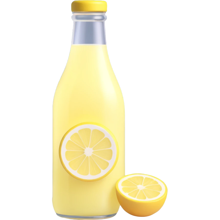 glass bottle of pale yellow lemonade, slightly translucent with a lemon slice, fresh look, no straw, clean 3D style, soft lighting emoji