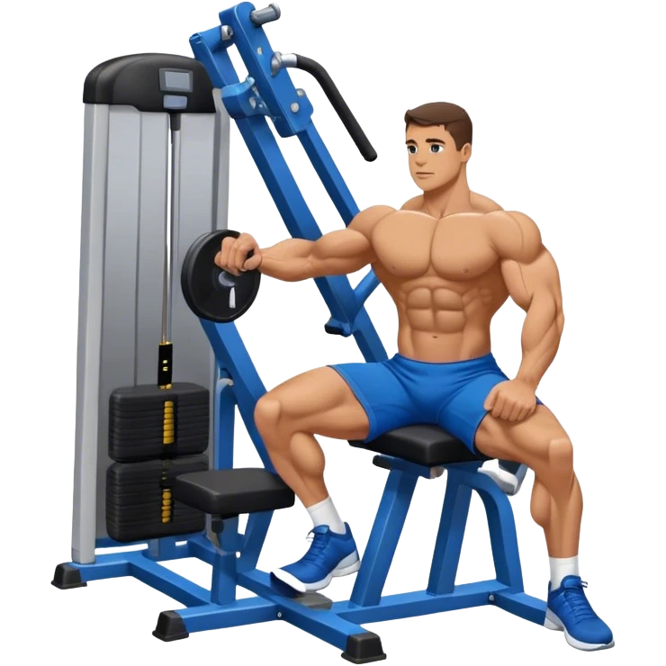 side-view bodybuilder in blue shorts seated weighted calf-raise machine on his tip toes emoji