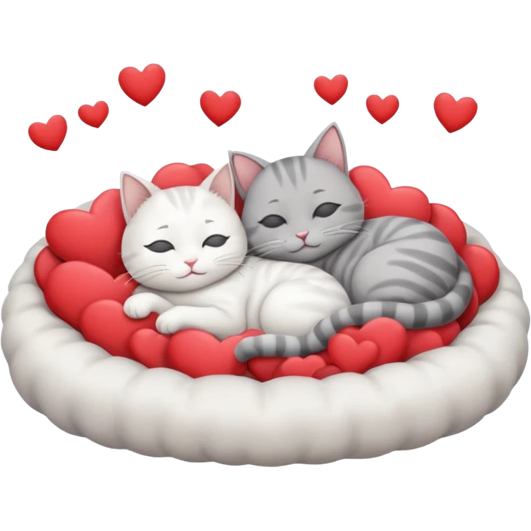 White cat and gray cat sleeping together in a bed full of hearts emoji