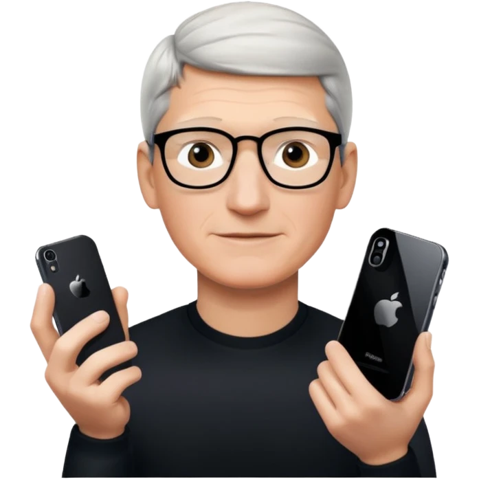 Tim Cook wiyh iphoine into his hands with one iphone the neweswt one emoji