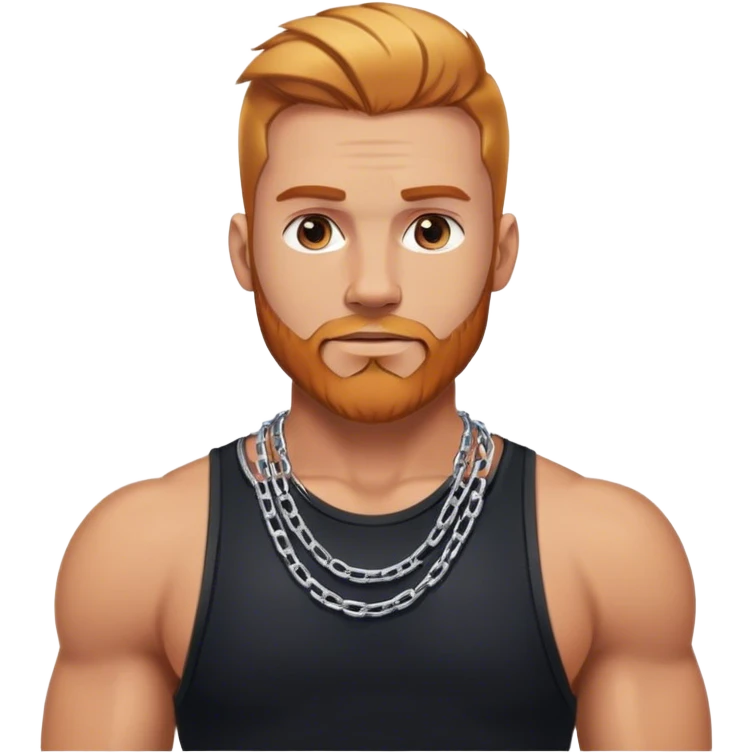 Buff hot man selfie with thick silver chain link necklace and reddish blonde hair and beard with shaved sides of head and blond highlights on top in black tank top emoji