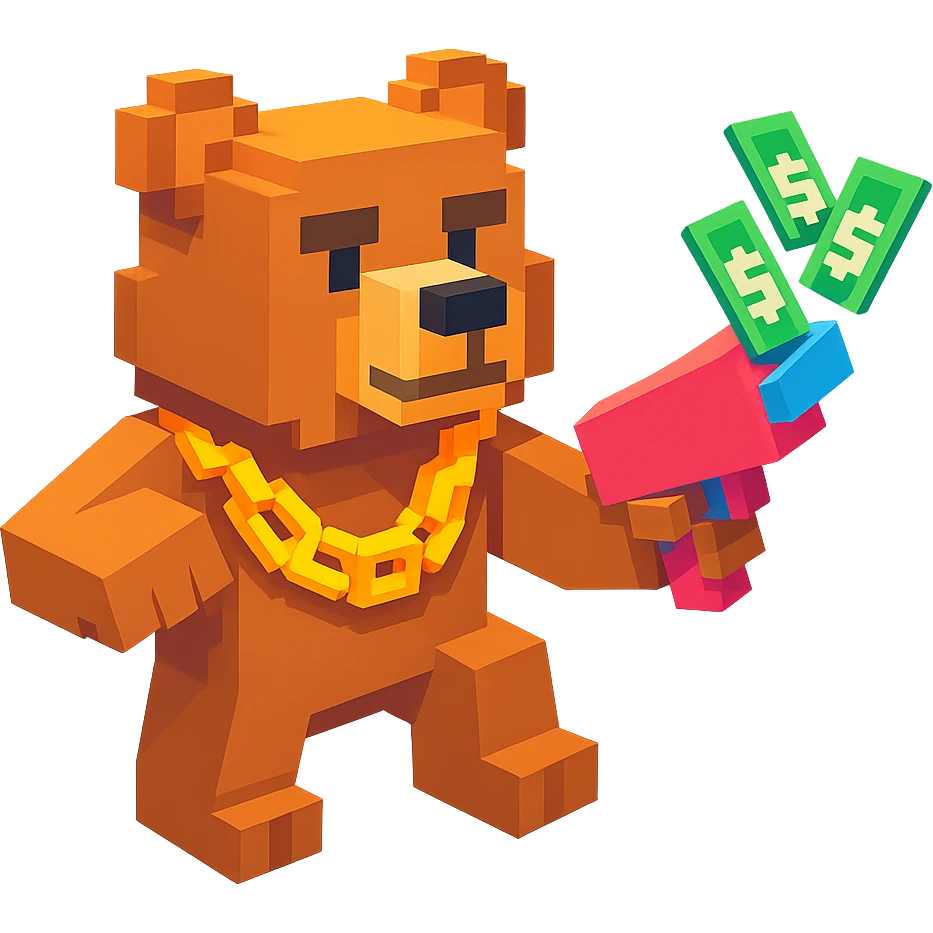 Russian grizzly bear in a rapper pose, wearing a chain and holding a money gun emoji