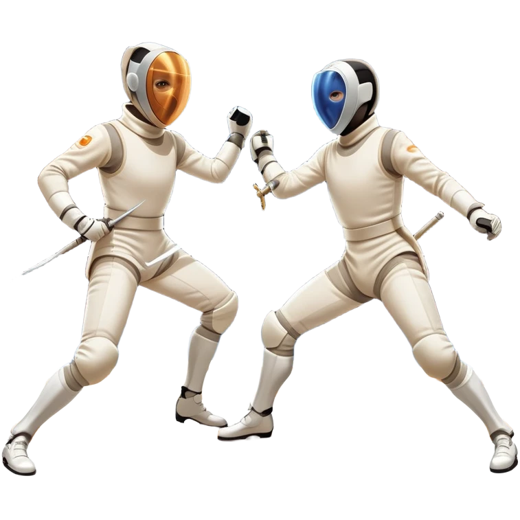 Two fencers in full protective gear and masks duel on a professional piste, swords clashing mid-air. Dynamic lunges and defensive stances highlight the intensity of the sport. The background features a stylized fencing arena with bright lights. Transparent background emoji