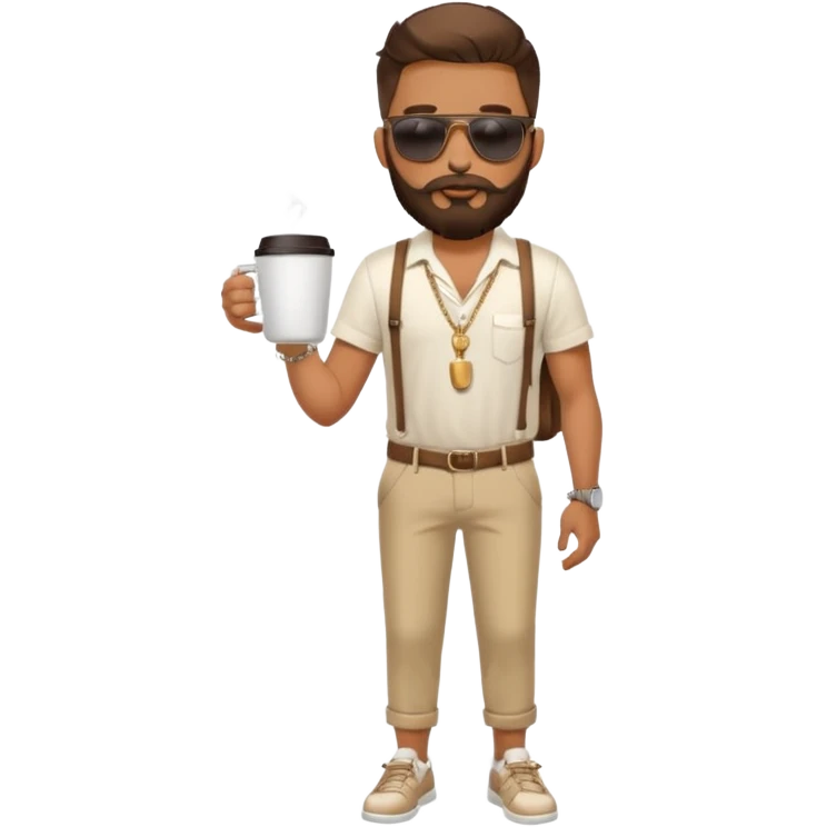 stylish bearded male traveler with coffee cup on hand, cool sun glasses with chain strap, white shoes, emoji