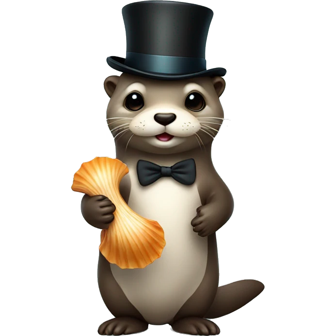 Cute Otter with glasses and top hat holding two scallop shells emoji