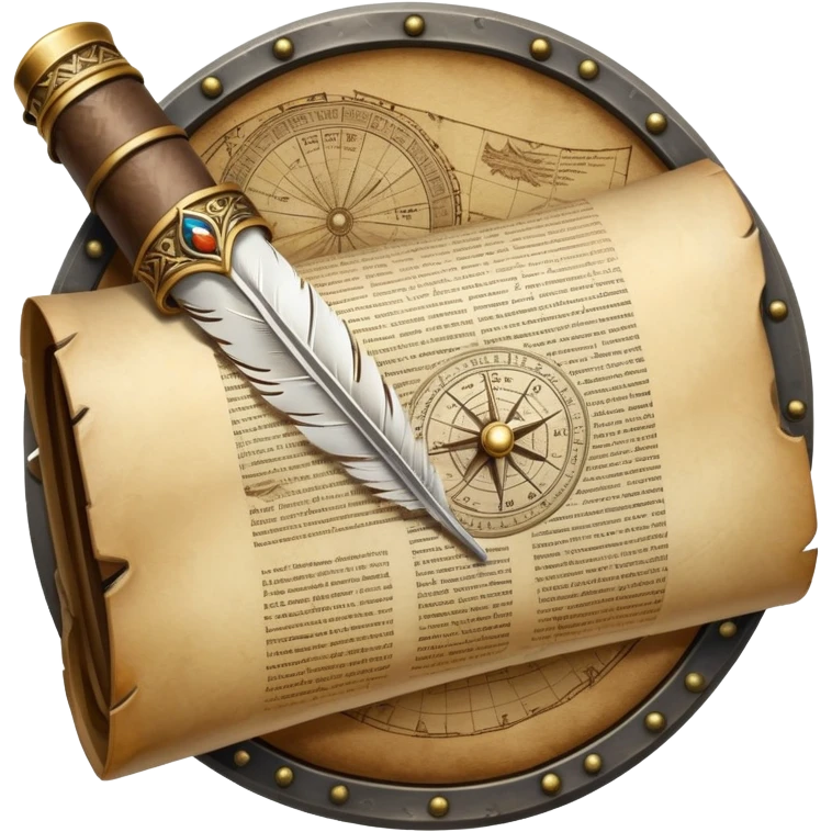 An icon featuring an ancient scroll, a quill, and a historical artifact like a shield or coin. The design includes a backdrop of old maps and timelines, symbolizing the study of past events and civilizations. Transparent background highlights the exploration of history. emoji