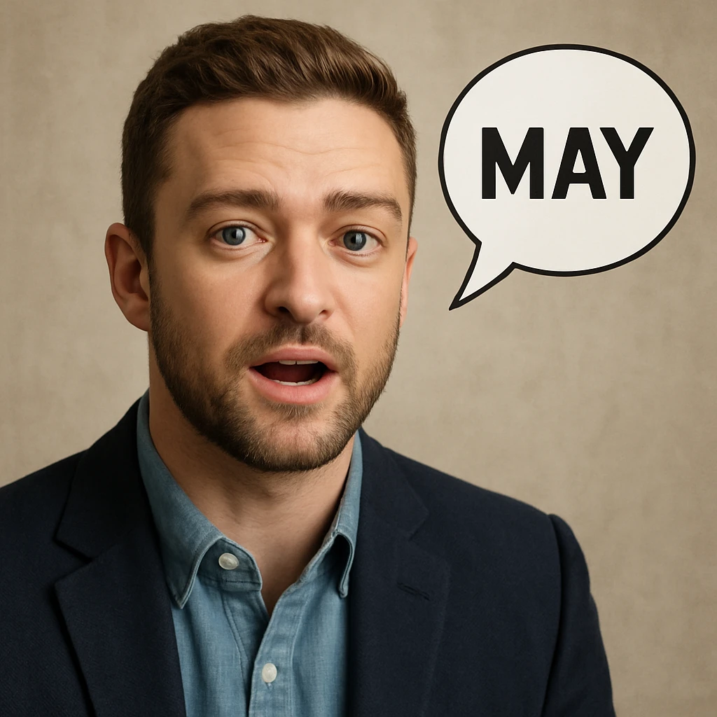 realistic illustration of a Justin Timberlake lookalike saying 'MAY' emoji