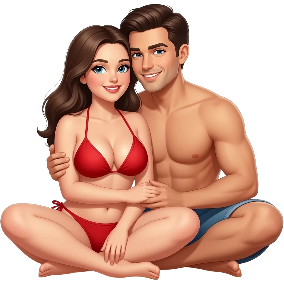 坐在沙灘的 穿紅色比堅尼👙泳衣的大胸少女，擁抱著男朋友 emoji