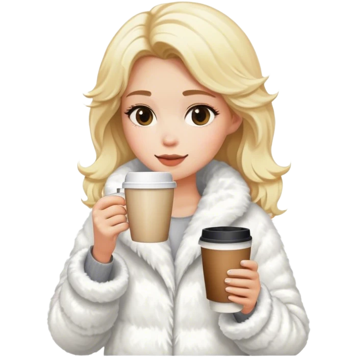 blonde girl wearing white fluffy jacket and a coffee to go in hand emoji