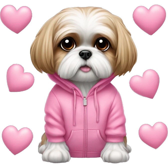 one very cute shih tzu girl and one maltaise dog wearing a pink hoodie with hearts emoji