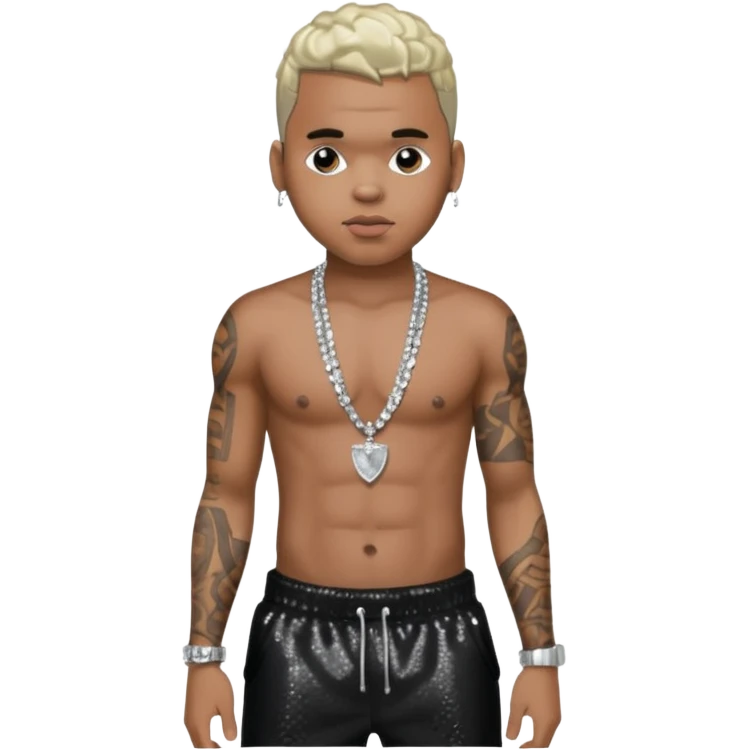 Chris Brown with black sequin baggy pants, shirtless with necklace emoji