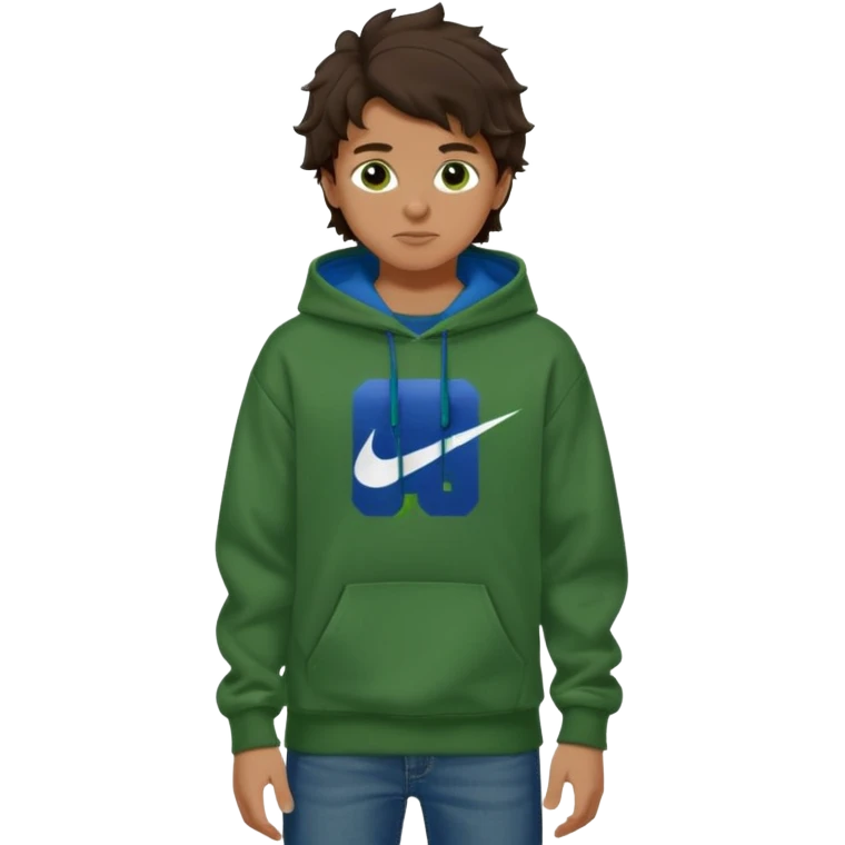 a 14 year old slightly tanned teenage boy with dark brown tousled wavy hair, dark brown eyes wearing a green tshirt, a dark green hoodie, blue jeans and green nike air jordans emoji