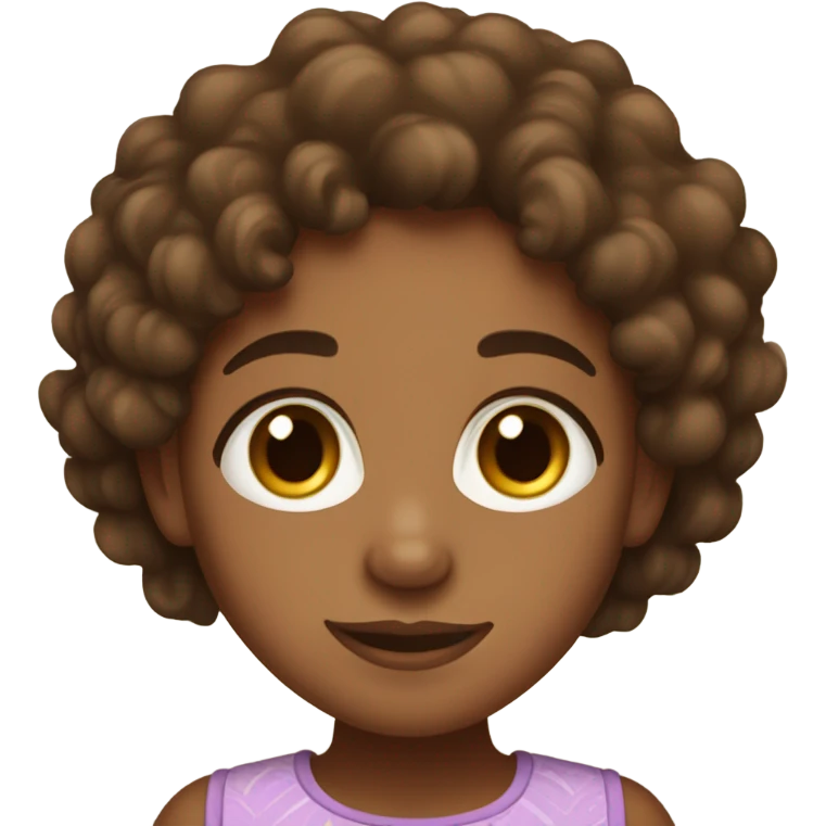 A brown skin girl with brown curly hair and hazel eyes wearing a cute top emoji