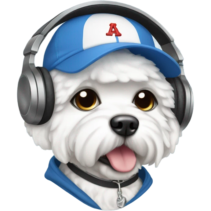 A Bichon wearing a baseball cap and headphones and a hoodie  emoji
