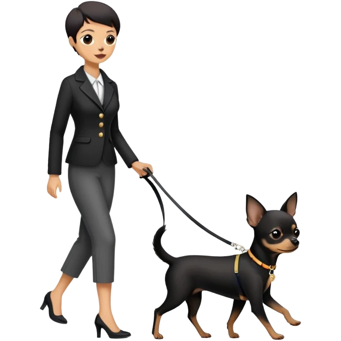 A black Chihuahua is walking a lady on a leash emoji
