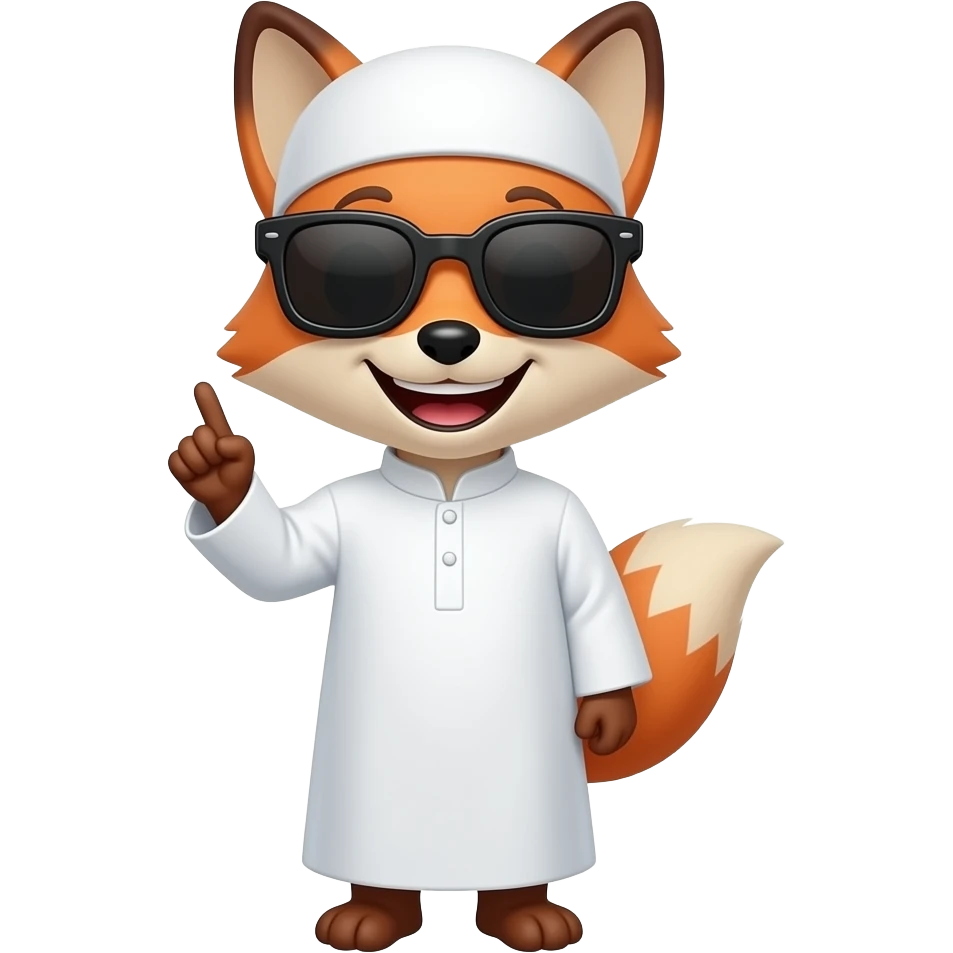 Fox with full black sunglases and smiley face with teeth , Muslim White clothes and pouting his finger up emoji