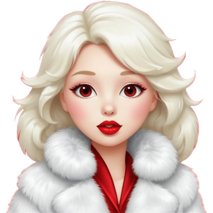 A beautiful, cute girl with red lipstick on her lips is posing for a photo in a white fur coat, and she's seen in full view, blowing a kiss. emoji