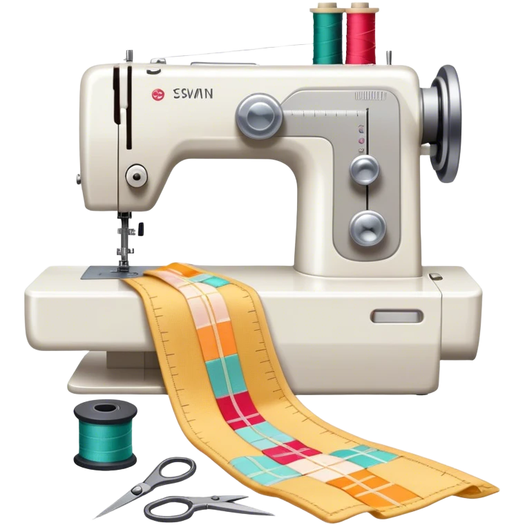 Sewing icon, measuring tape, pins, scissors, and a dress in progress, sewing machine with thread, visible needle, spools of thread, fabric pieces cut according to patterns, minimalistic style, clean lines, transparent background. emoji