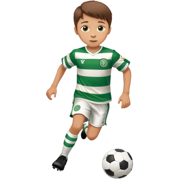 Celtic footballer jersey logo  6 years old brown hair white boy , stripes uniform , RUNNING  with soccer ball # 17 celtic football logo PUT ONLY ONE LOGO emoji