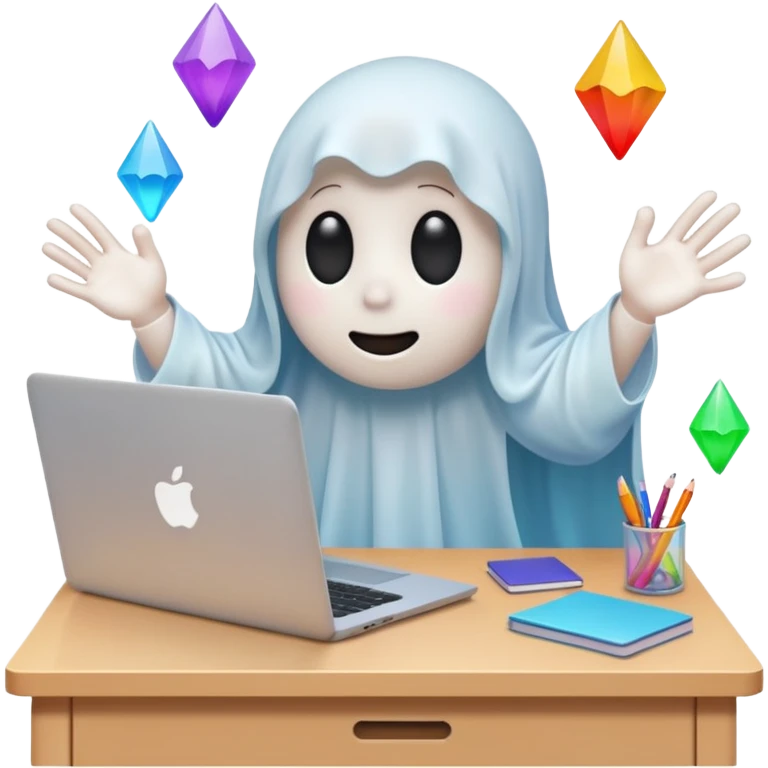 A cute ghost sits in front of a desk and is designing it with a laptop. see a laptop screen, and there is a photoshop screen on the screen. On the ghost surface, many shapes are leaving. emoji