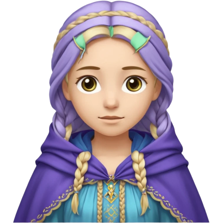 
mujer, Joven, de aspecto dulce y elegante.
Piel clara, ojos grandes y expresivos (pueden ser azules o verdes), sonrisa triste.
Rubio o castaño claro, largo, con trenzas o velo.
Vestido largo de tonos suaves (blanco, azul o lavanda), con bordados dorados; un manto o toca fina cubriendo la cabeza.
 emoji