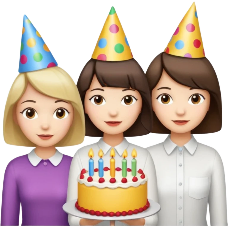 una festa di compleanno con una camicia bianca una ragazza con il caschetto e una torta e un cappellino  emoji